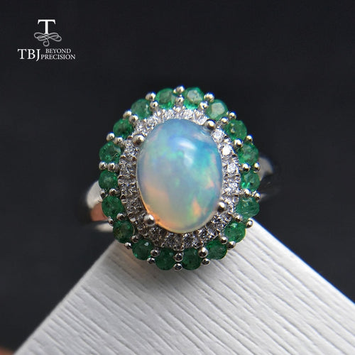 TBJ, 100% Natural Ethiopian Rainbow Opal and emerald Rings