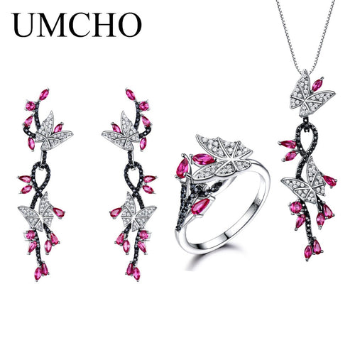 UMCHO 925 Sterling Silver Butterfly Jewelry Set Romantic Ruby Black